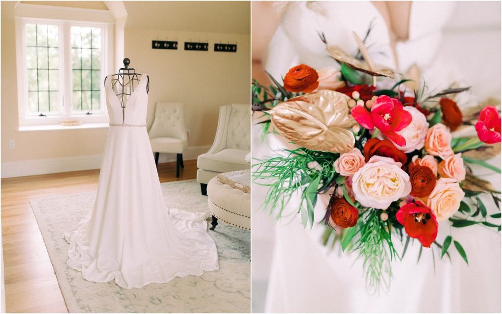 Renee Austin Wedding dress on a stand and a wedding bouquet by Eastern Floral 