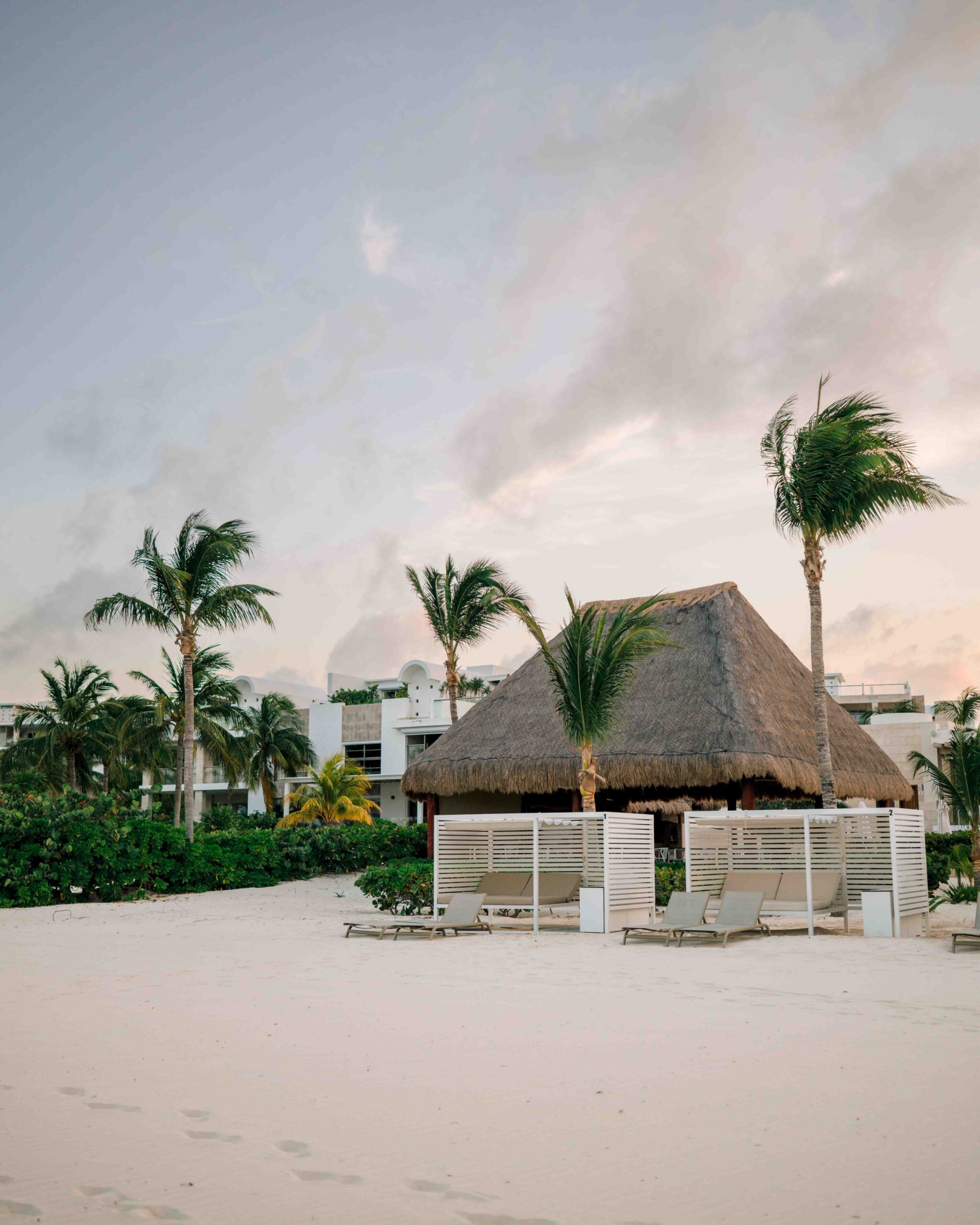 Palm trees and a thatched-roof beach pavilion behind white cabanas and lounge chairs.